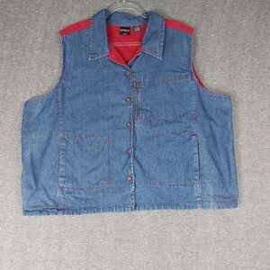 ERIKA WOMENS VINTAGE 90S BLUE JEAN DENIM RED CORDUROY BUTTON FRONT VEST SIZE 2X